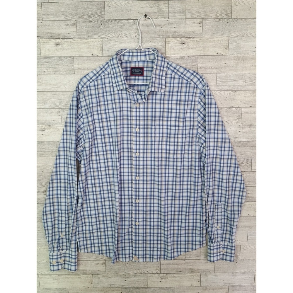 Untuck It  Button Down Plaid Shirt Dress Shirt Long Sleeve Size M Blue